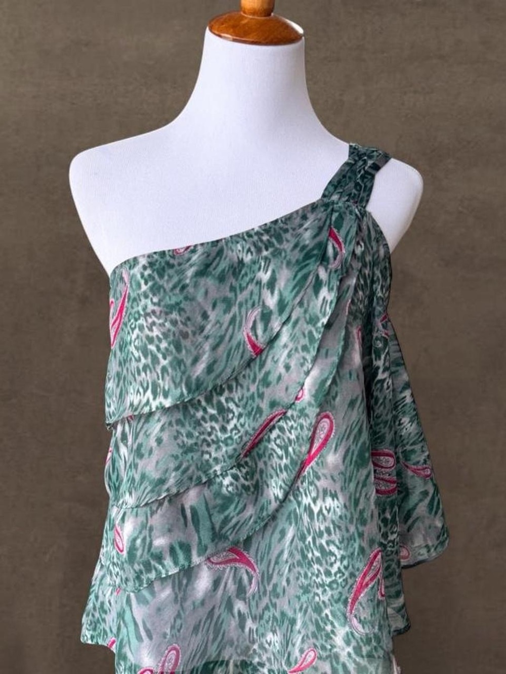 Pink and green y 2k leopard one shoulder top